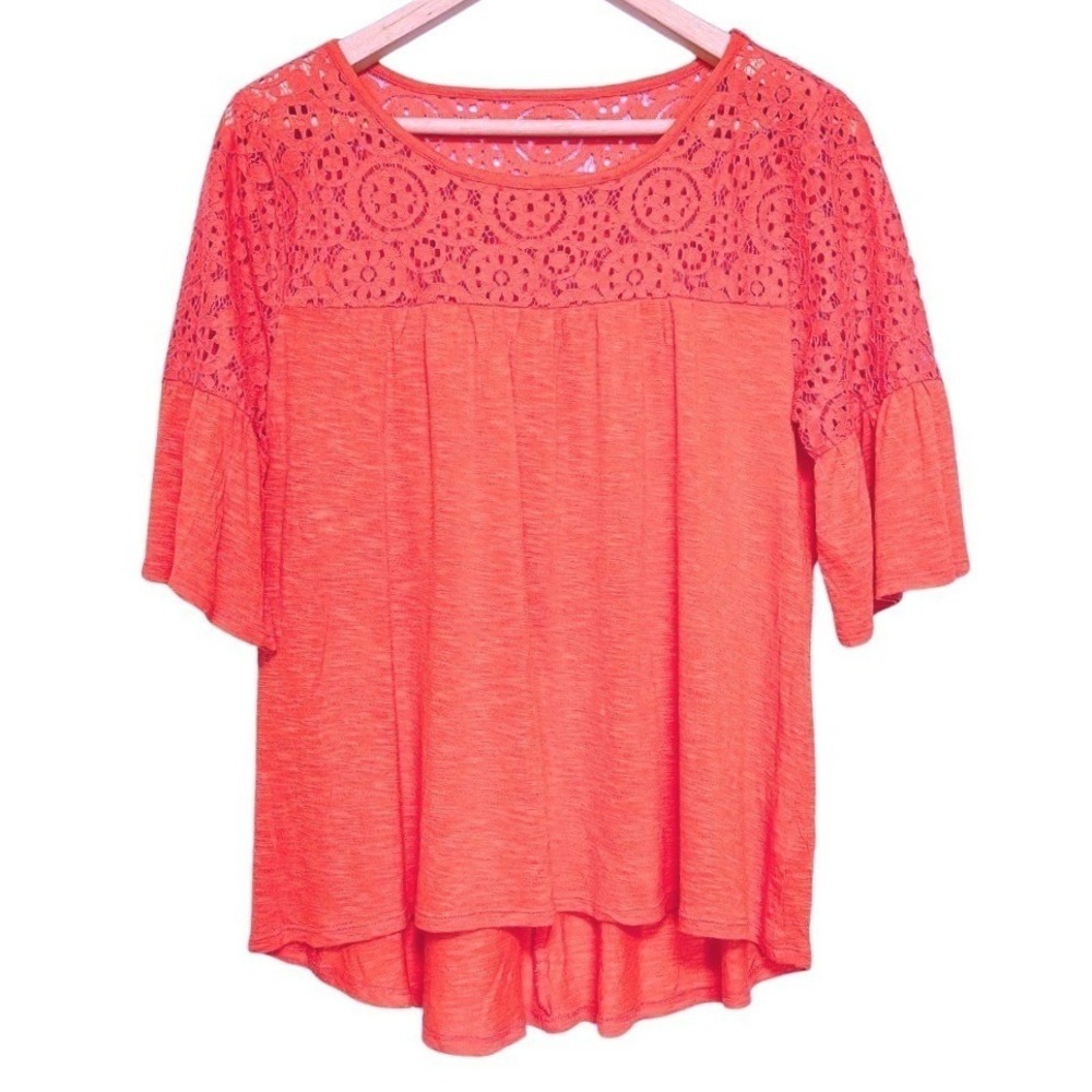 ANA Crochet Top Womens M Coral Red Lacy Lightweight Flutter Sleeve Boho Feminine